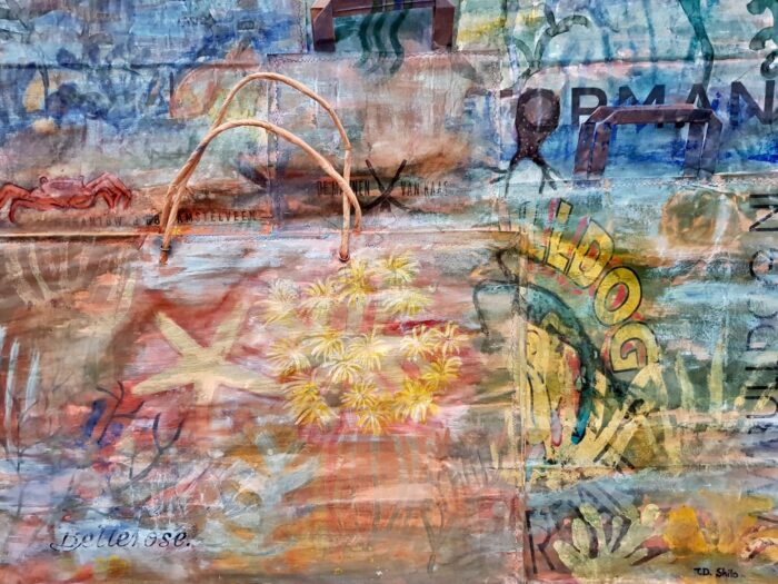 ‘BAGosphere’ (Detail)- natuurlijke materialen op papieren winkeltassen, 80x285 cm